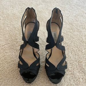 Jimmy Choo Kara heel in INK (shimmering navy blue) leather evening heels.